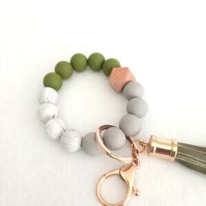 Olive Green silicone bead wrist keychain ring with tassel fringe
